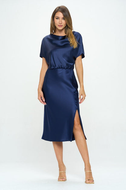 Satin Stretch Print Dress with Slit - Shellcreations