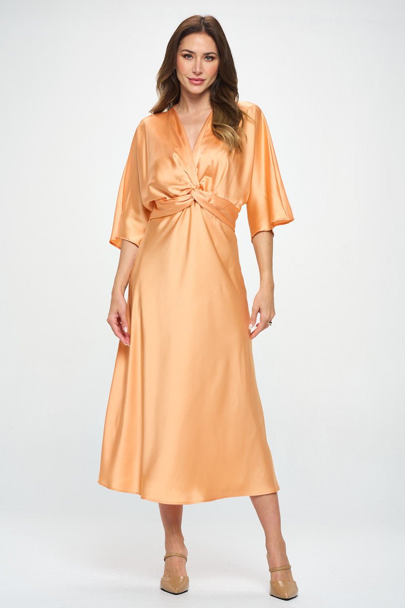 Satin Stretch Solid Dress with Front Twist - Shellcreations