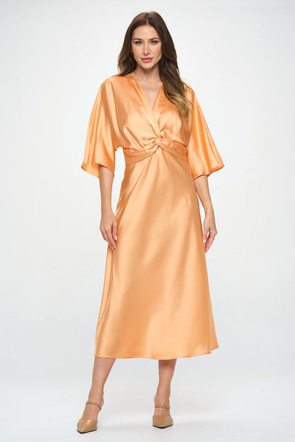 Satin Stretch Solid Dress with Front Twist - Shellcreations