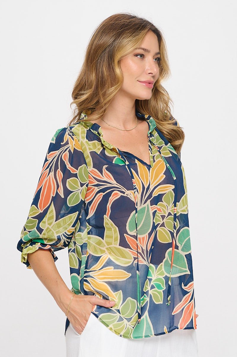 Semi Sheer Leaf Print 3/4 Sleeve Top with Tie - Shellcreations
