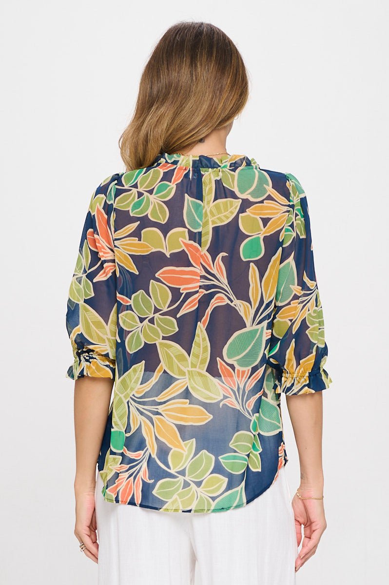 Semi Sheer Leaf Print 3/4 Sleeve Top with Tie - Shellcreations
