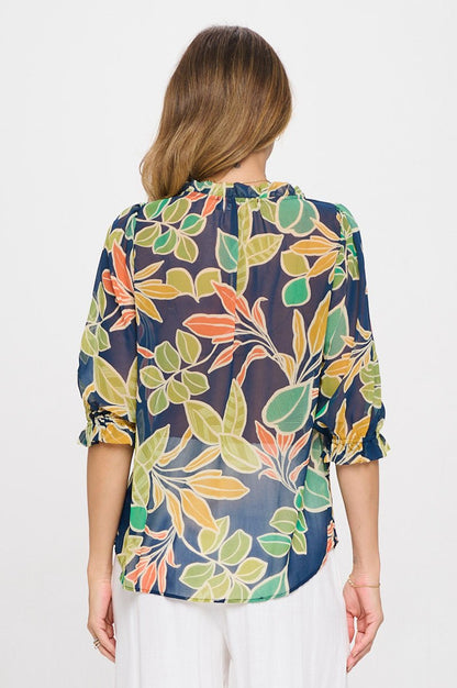 Semi Sheer Leaf Print 3/4 Sleeve Top with Tie - Shellcreations