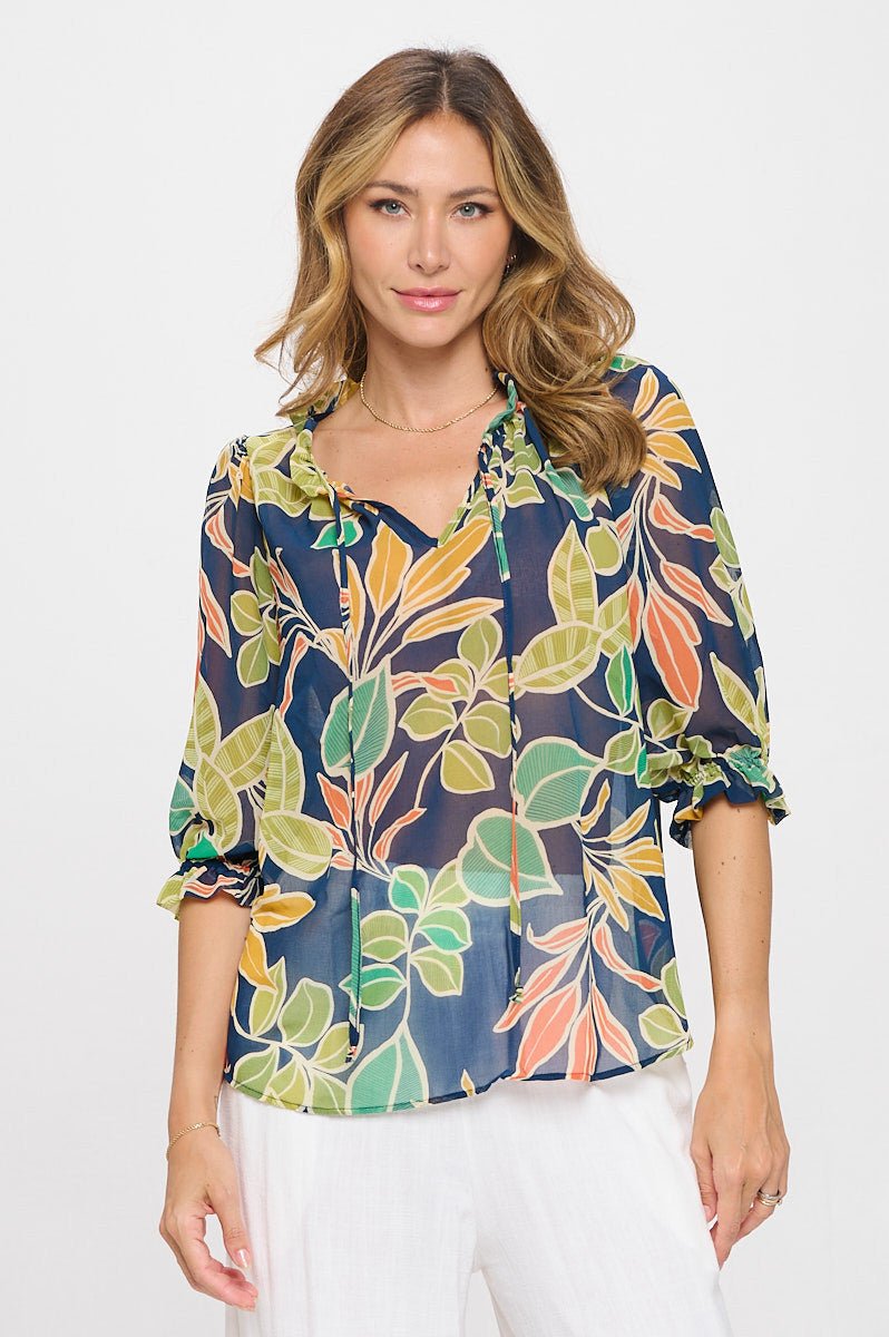 Semi Sheer Leaf Print 3/4 Sleeve Top with Tie - Shellcreations