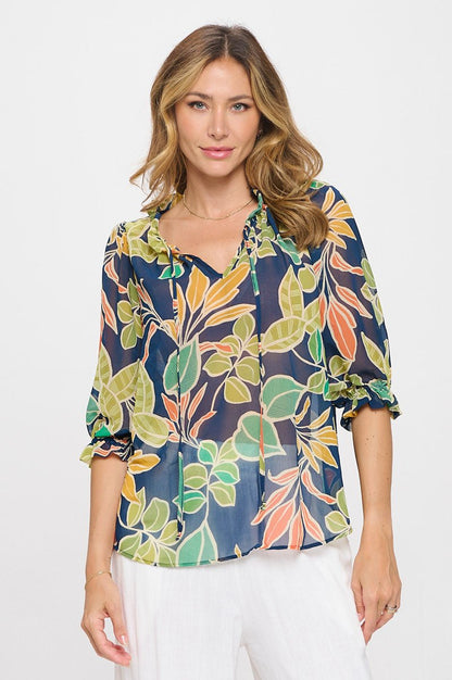 Semi Sheer Leaf Print 3/4 Sleeve Top with Tie - Shellcreations