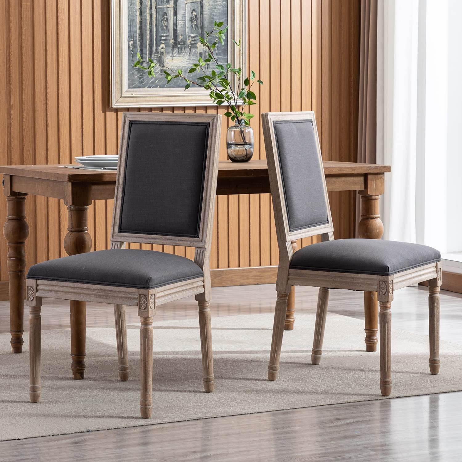 Set of 6 French Country Farmhouse Dining Chairs, Square Backrest, Upholstered, Solid Wood Leg - Shellcreations