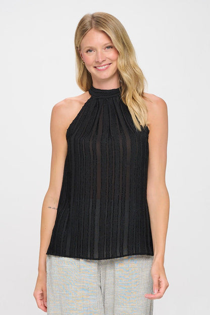Sheer Textured Halter Tie neck Sleeveless Top - Shellcreations