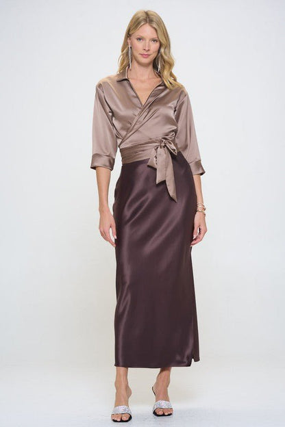 Silky Satin Collared V neck Wrap Top with Tie - Shellcreations