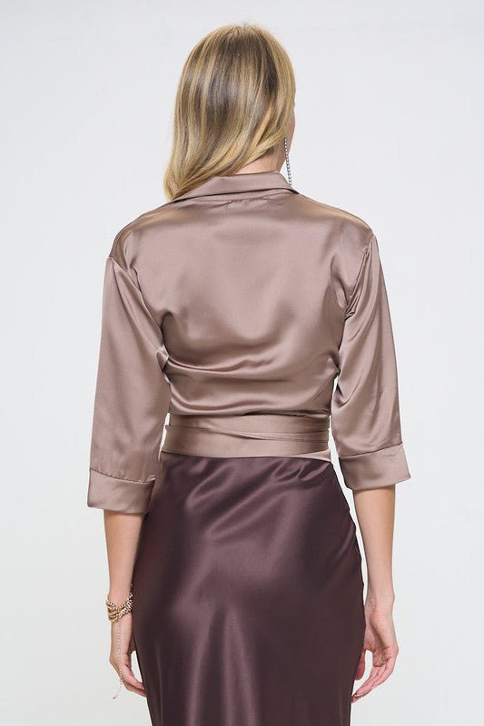 Silky Satin Collared V neck Wrap Top with Tie - Shellcreations