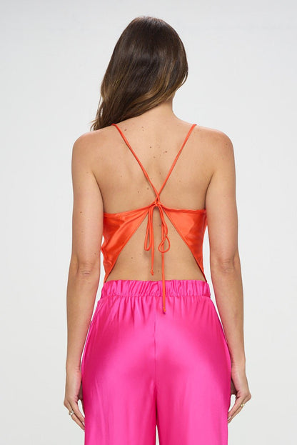 Silky Stretch Satin Solid Backless Tie Top - Shellcreations