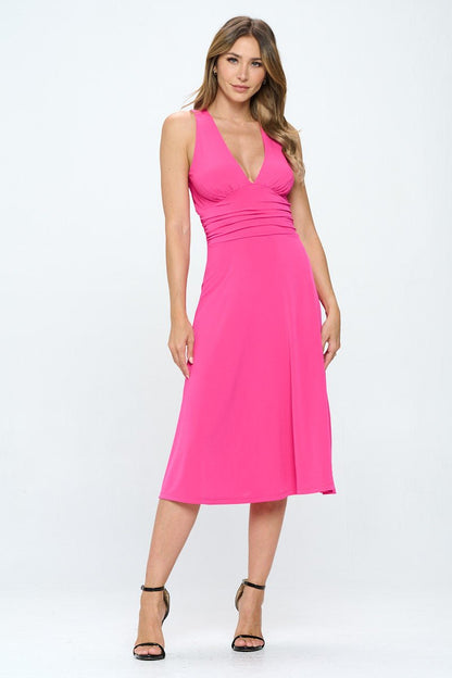 Solid Deep V Neck Lined Dress with Slit - Shellcreations