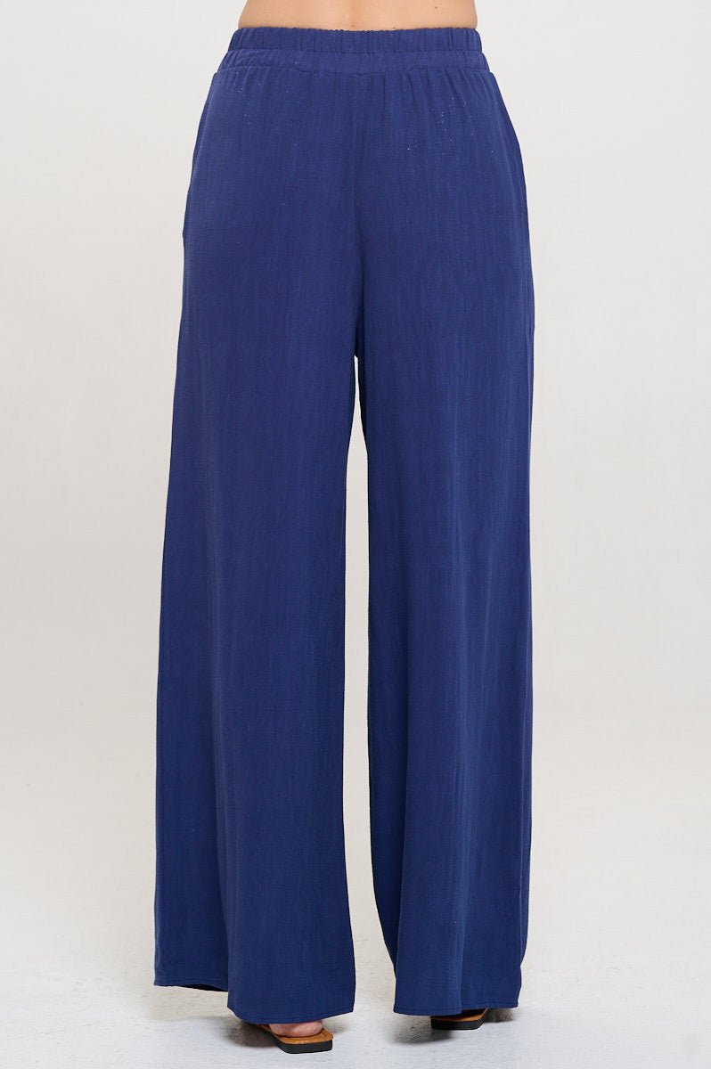 Solid Linen Wide Leg Pants with Pockets - Shellcreations