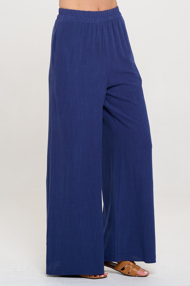 Solid Linen Wide Leg Pants with Pockets - Shellcreations