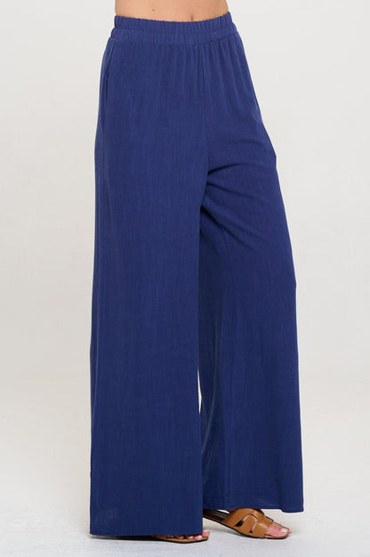 Solid Linen Wide Leg Pants with Pockets - Shellcreations