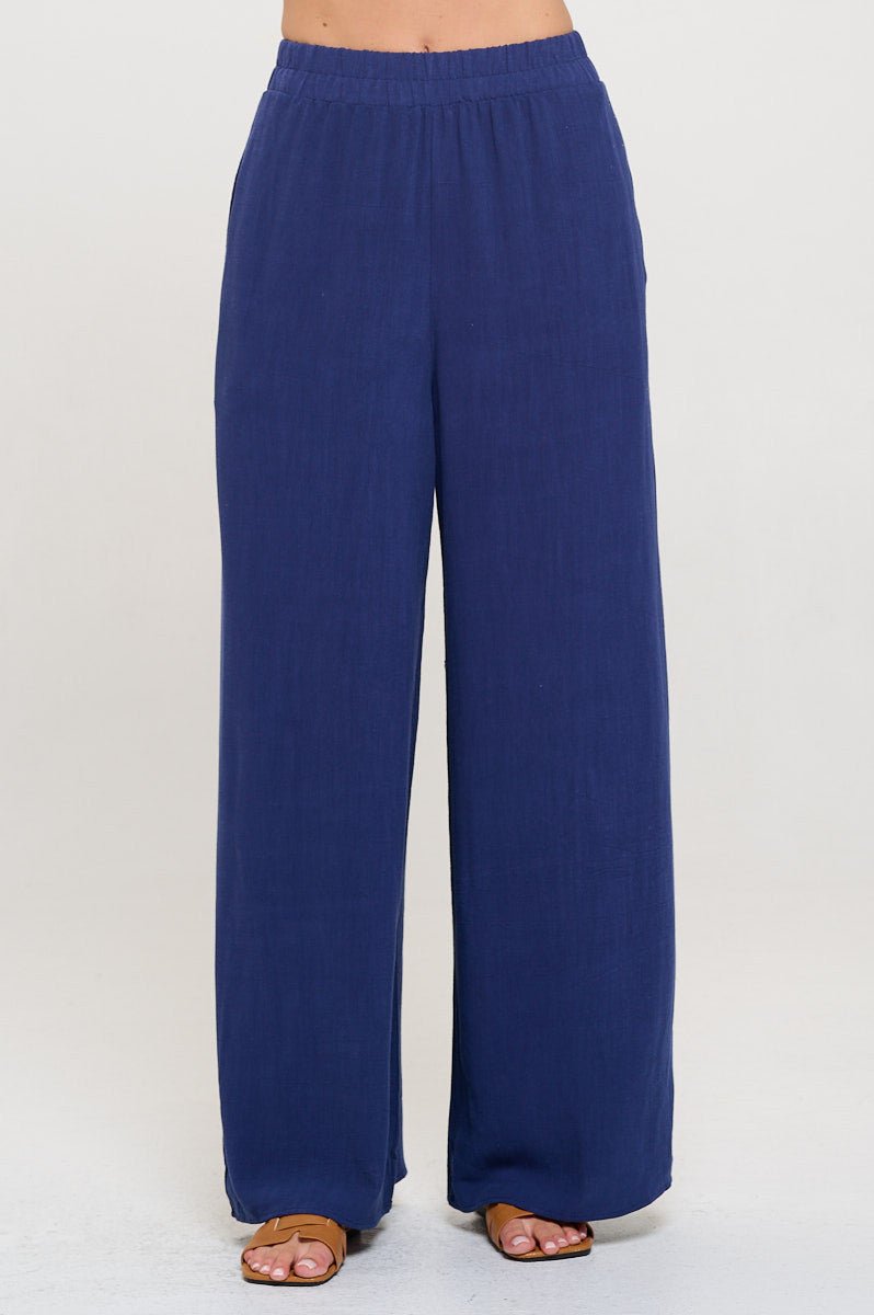Solid Linen Wide Leg Pants with Pockets - Shellcreations