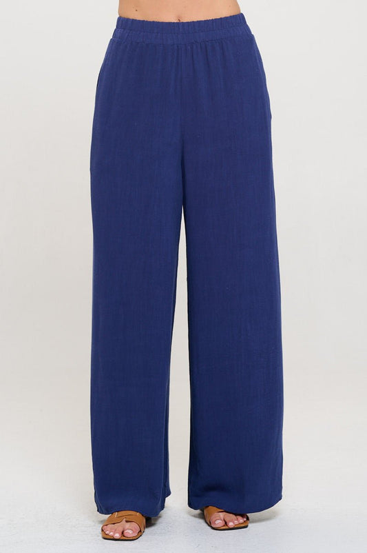 Solid Linen Wide Leg Pants with Pockets - Shellcreations