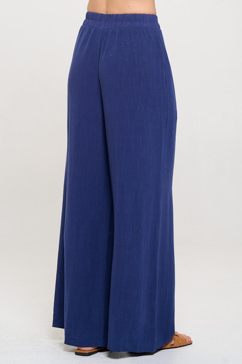 Solid Linen Wide Leg Pants with Pockets - Shellcreations