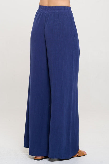 Solid Linen Wide Leg Pants with Pockets - Shellcreations