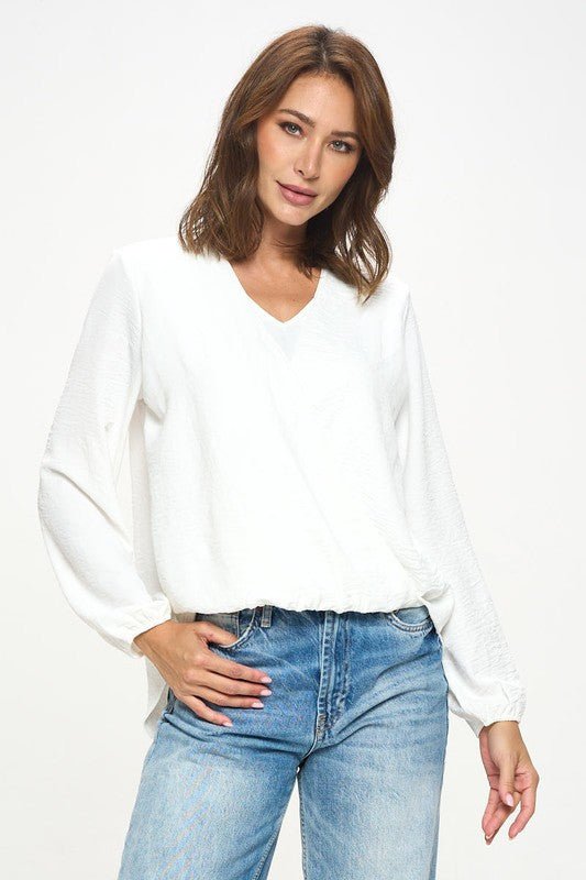 Solid Long Sleeve Surplice Top - Shellcreations