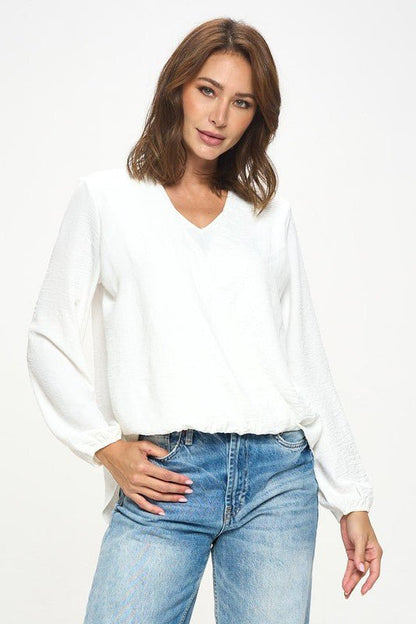 Solid Long Sleeve Surplice Top - Shellcreations