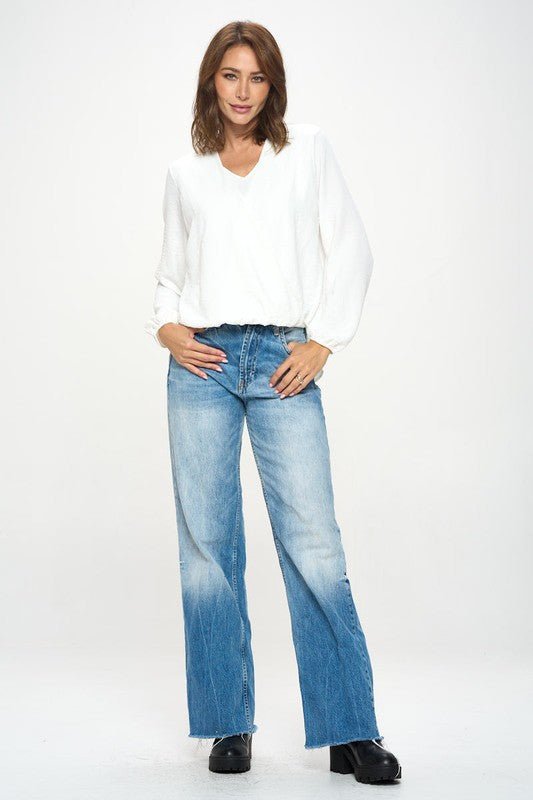 Solid Long Sleeve Surplice Top - Shellcreations