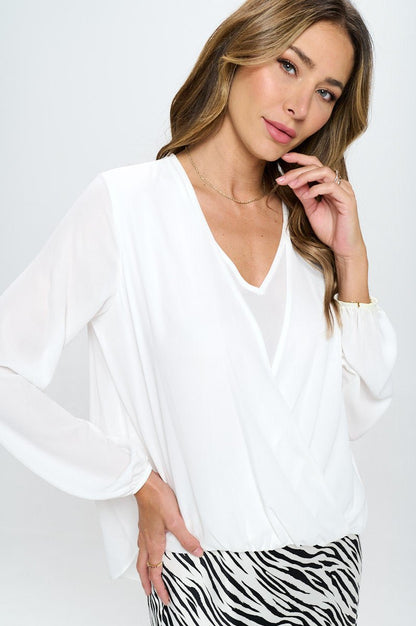 Solid Long Sleeve Surplice Top - Shellcreations