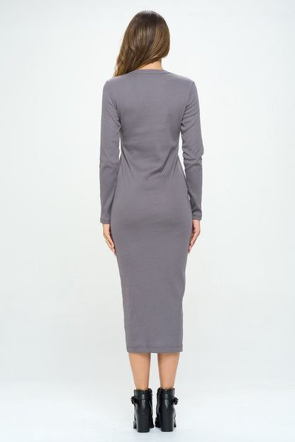 Solid Rib Knit Cardigan Midi Dress with Slit - Shellcreations