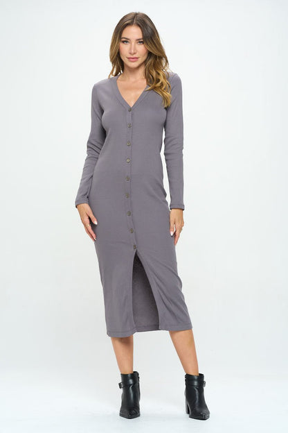 Solid Rib Knit Cardigan Midi Dress with Slit - Shellcreations