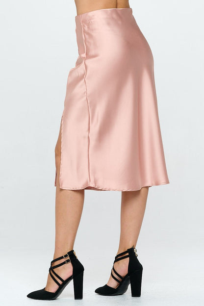 Solid Satin Midi Skirt with Slit - Shellcreations