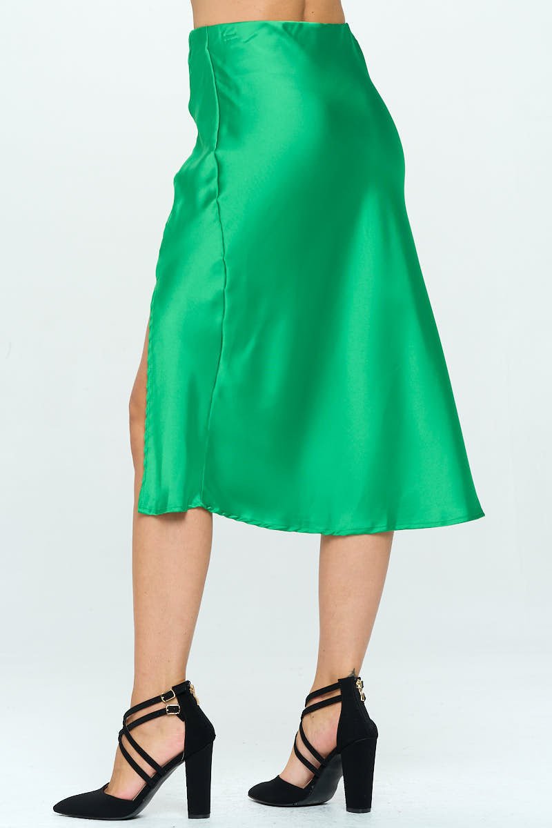 Solid Satin Midi Skirt with Slit - Shellcreations
