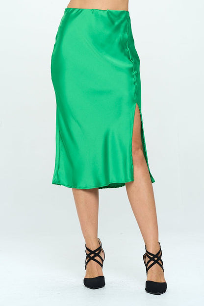 Solid Satin Midi Skirt with Slit - Shellcreations
