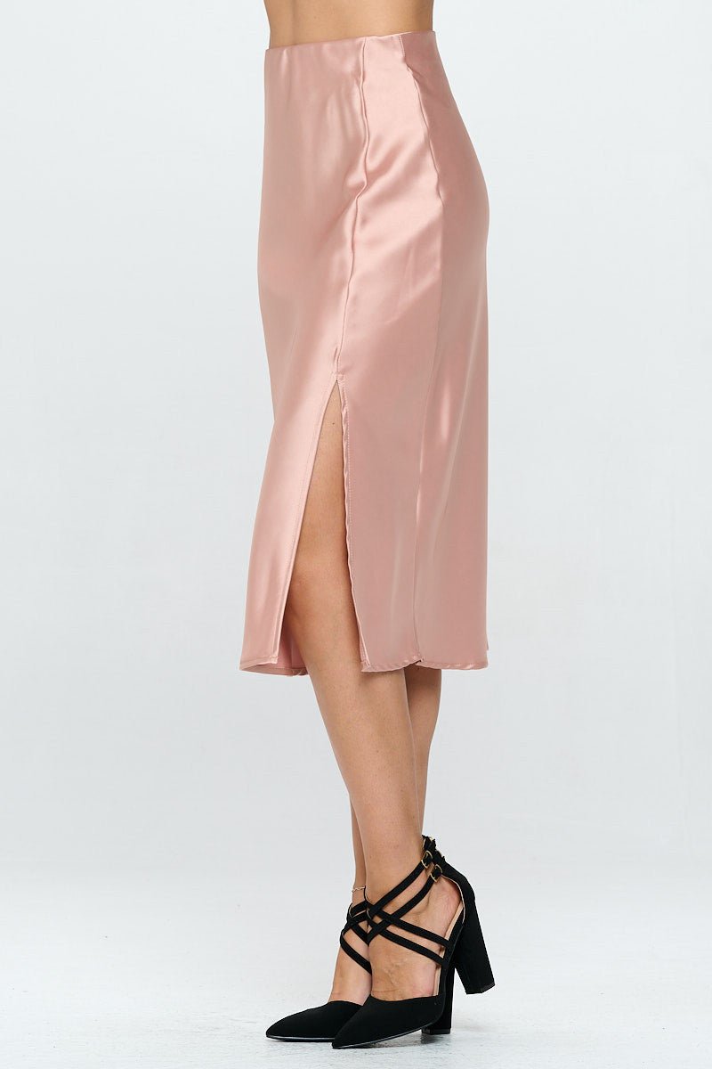 Solid Satin Midi Skirt with Slit - Shellcreations