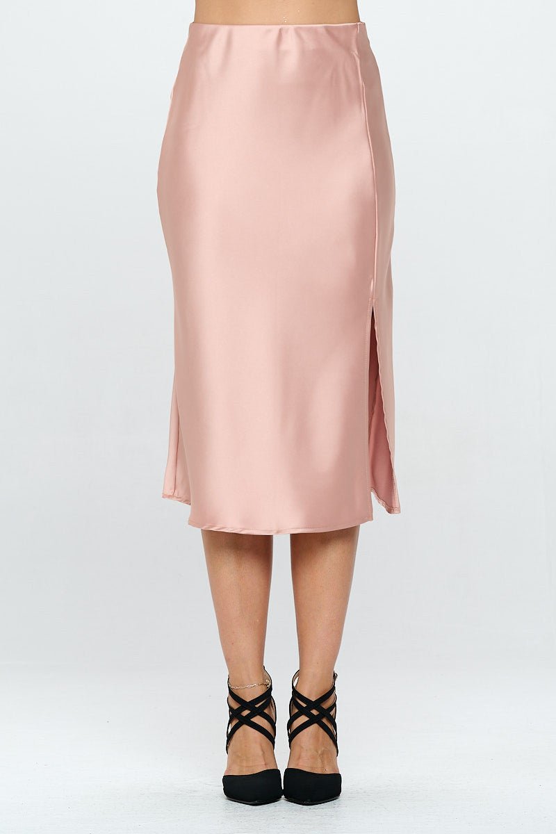 Solid Satin Midi Skirt with Slit - Shellcreations