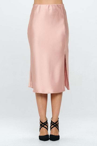 Solid Satin Midi Skirt with Slit - Shellcreations