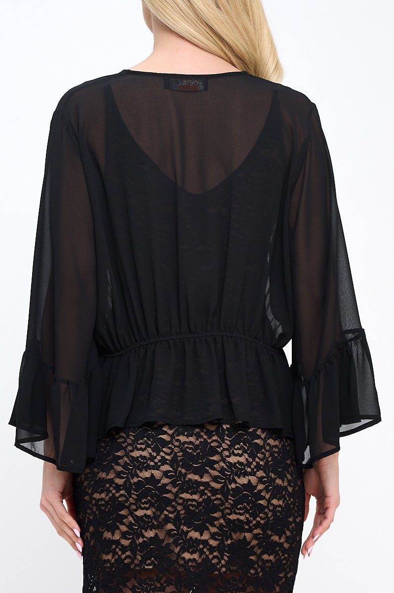 Solid Sheer Deep V neck Tie Top with Bell Sleeve - Shellcreations