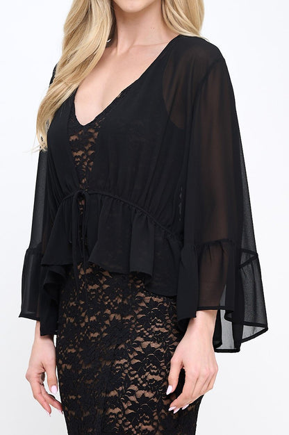 Solid Sheer Deep V neck Tie Top with Bell Sleeve - Shellcreations