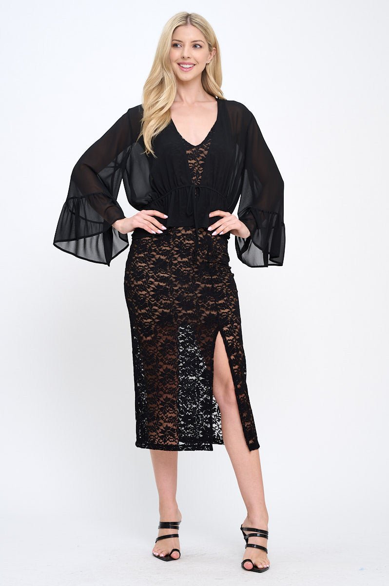 Solid Sheer Deep V neck Tie Top with Bell Sleeve - Shellcreations