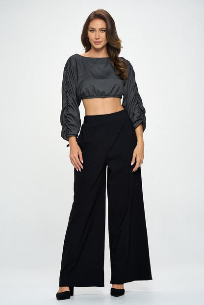 Solid Tencel Crop Top with Adjustable Sleeve and Tie - Shellcreations