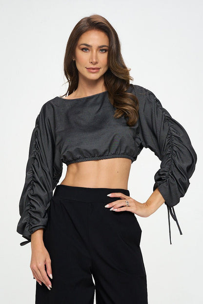 Solid Tencel Crop Top with Adjustable Sleeve and Tie - Shellcreations