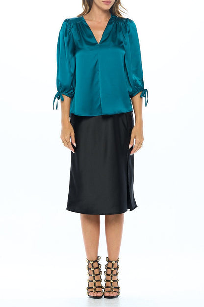 Stretch Satin Bold V neck Top with Tie Sleeve - Shellcreations
