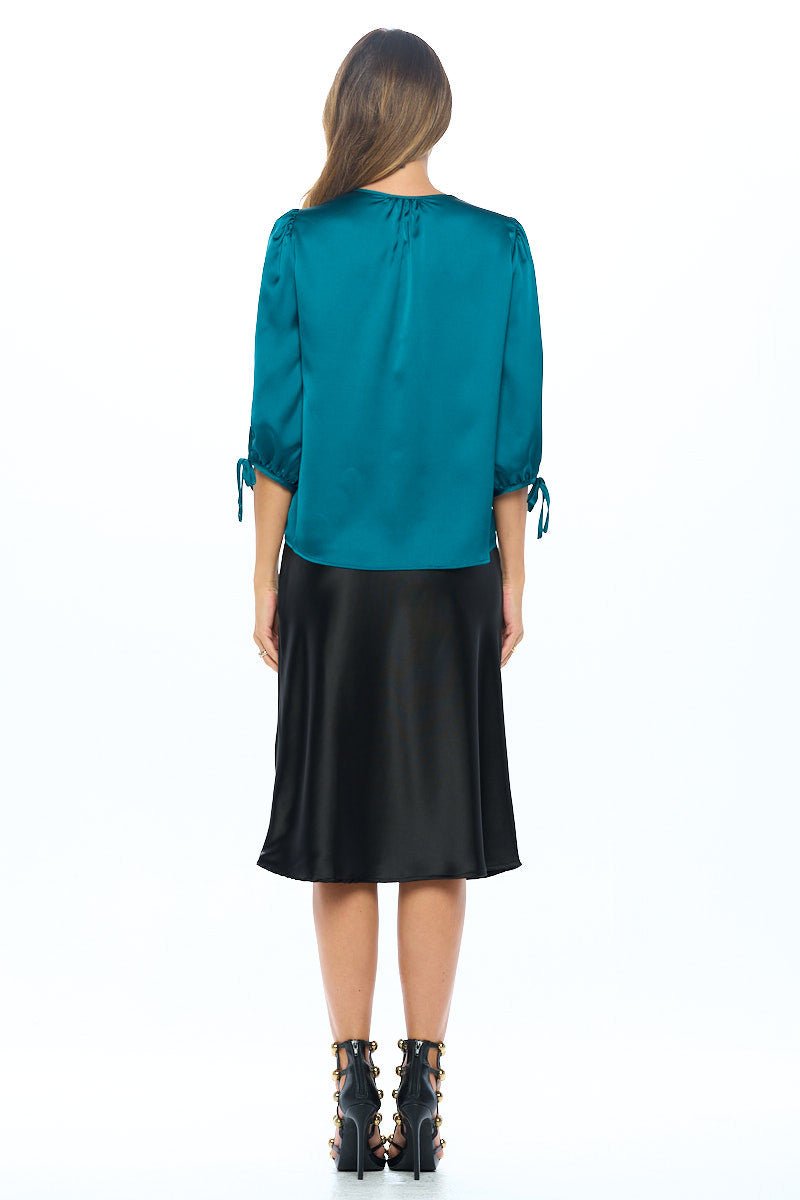 Stretch Satin Bold V neck Top with Tie Sleeve - Shellcreations