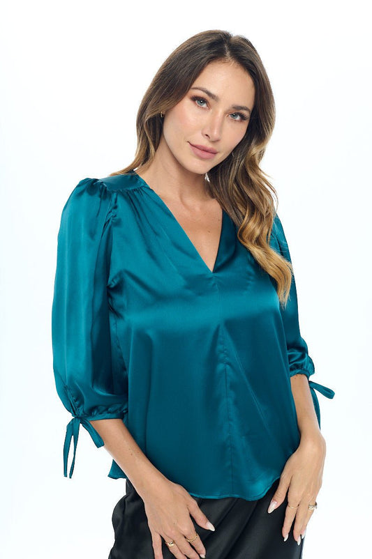 Stretch Satin Bold V neck Top with Tie Sleeve - Shellcreations