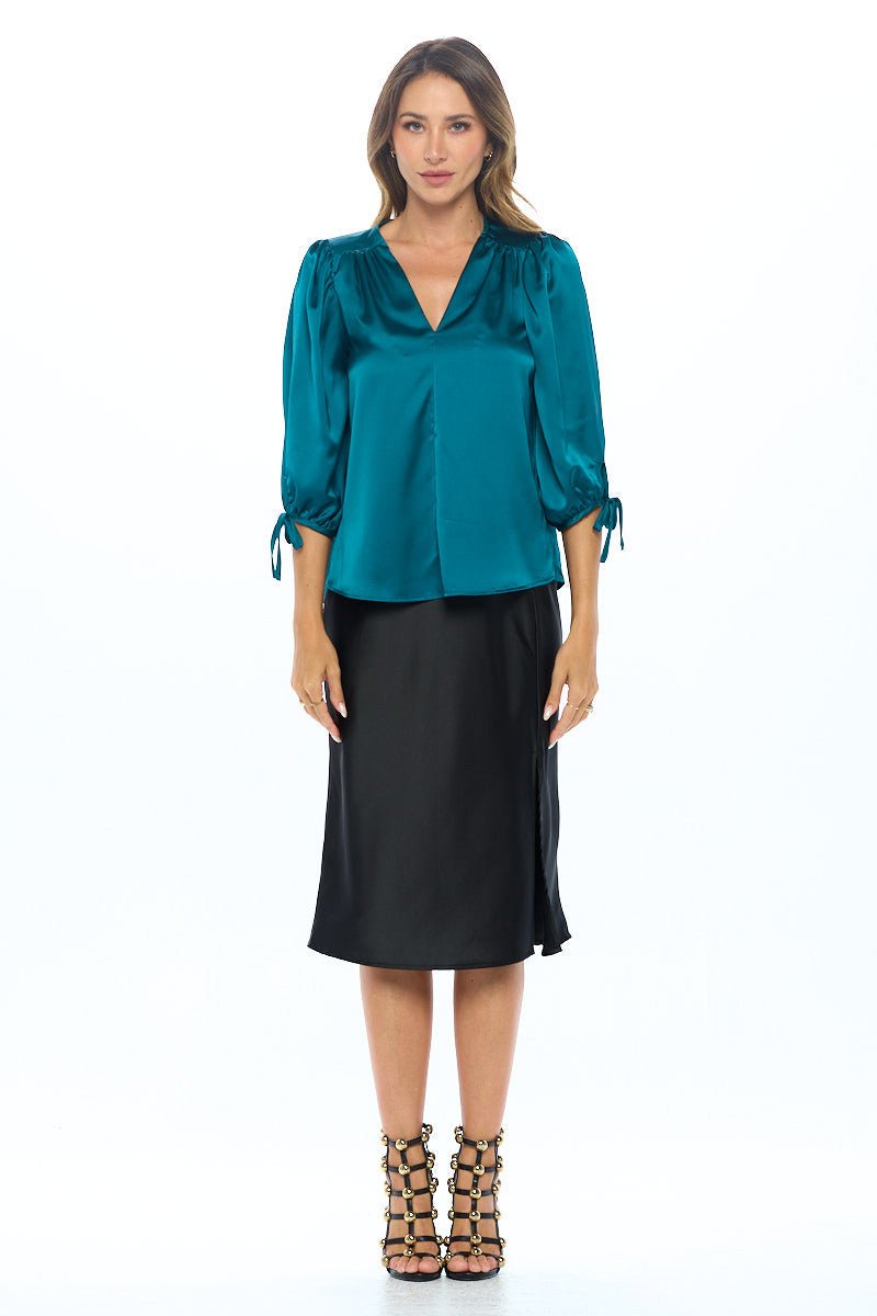 Stretch Satin Bold V neck Top with Tie Sleeve - Shellcreations