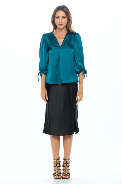 Stretch Satin Bold V neck Top with Tie Sleeve - Shellcreations