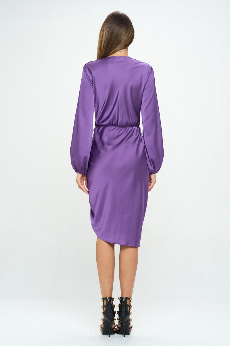 Stretch Satin Dress with Ruched Asymmetrical Hem - Shellcreations