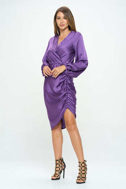 Stretch Satin Dress with Ruched Asymmetrical Hem - Shellcreations