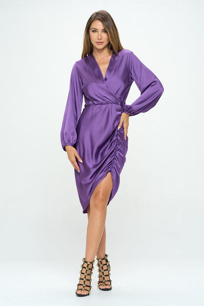 Stretch Satin Dress with Ruched Asymmetrical Hem - Shellcreations