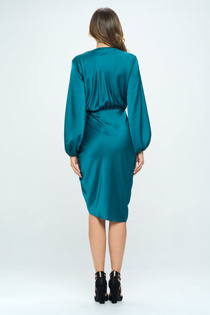 Stretch Satin Dress with Ruched Asymmetrical Hem - Shellcreations