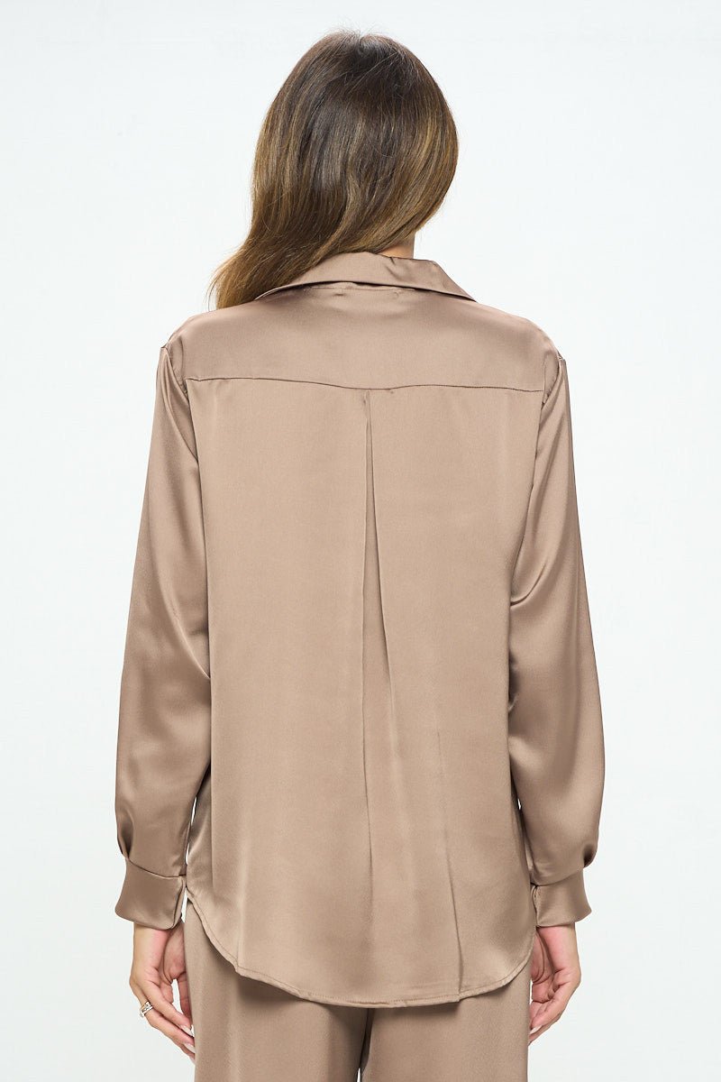 Stretch Satin Long Sleeve V neck Top with Collar - Shellcreations