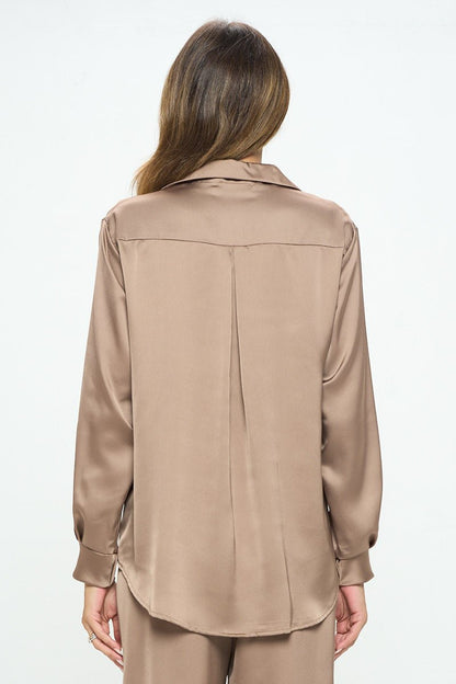 Stretch Satin Long Sleeve V neck Top with Collar - Shellcreations