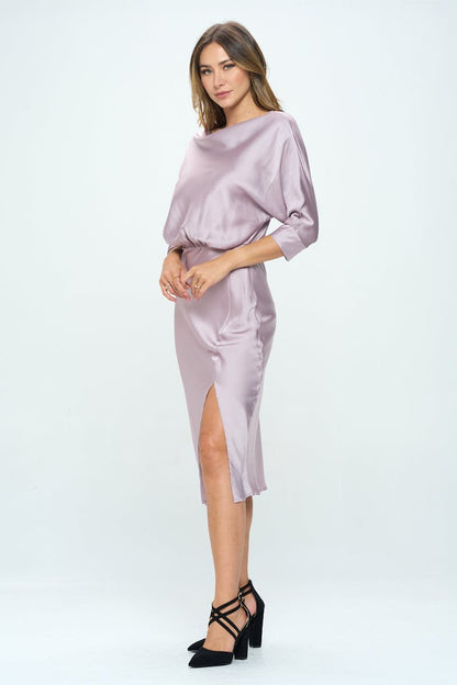 Stretch Satin Print 3/4 Sleeve Dress with Slit - Shellcreations